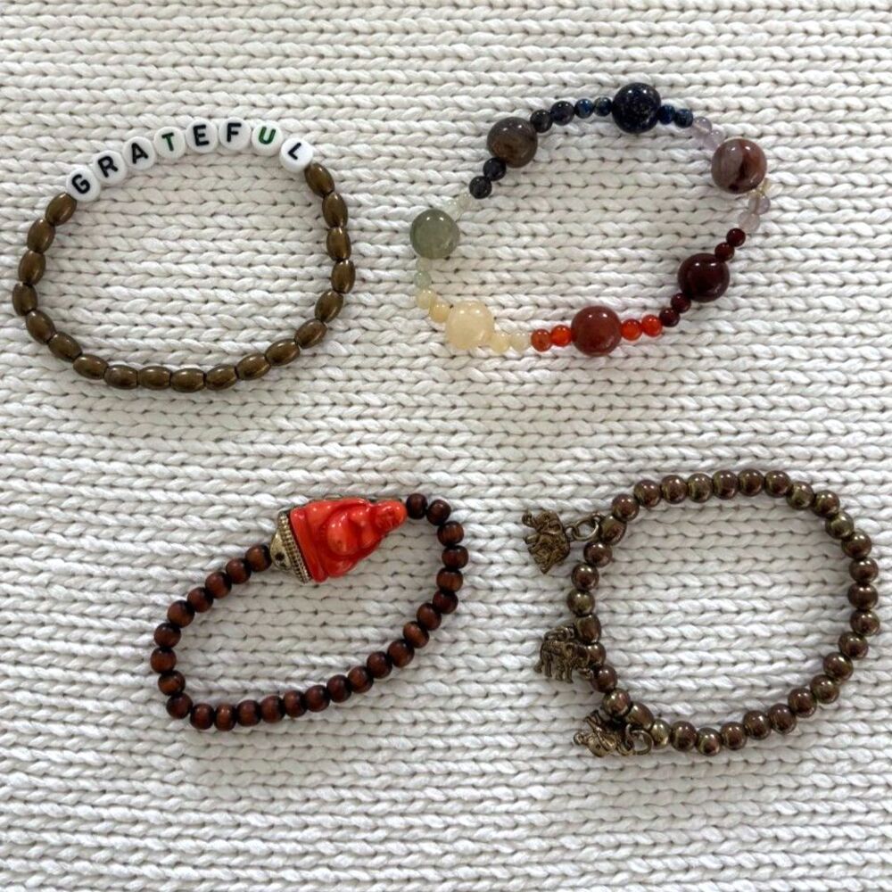 Set of 4 Boho Beaded Stretch Bracelets Grateful Buddha Elephant Chakra Stack